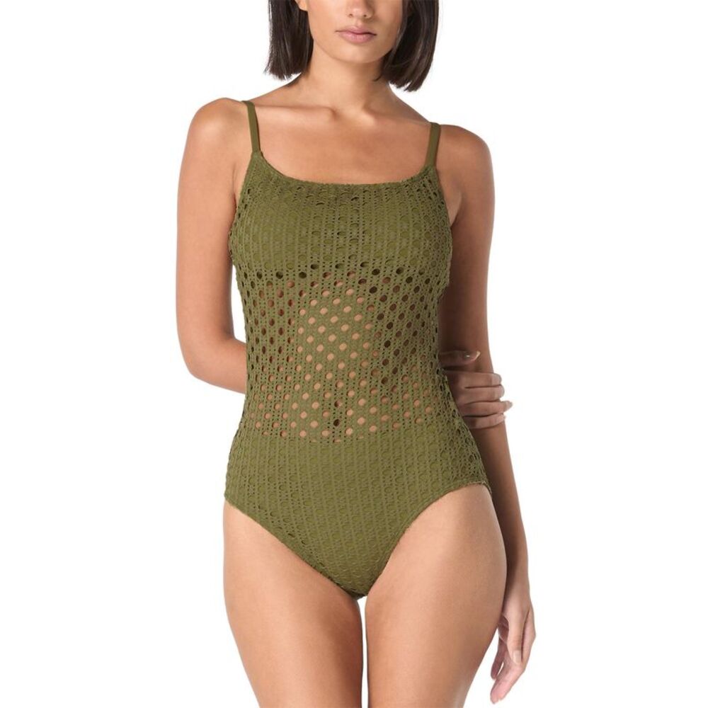 Carmen Marc Valvo Womens Crochet Scoop-Neck One-Piece Swimsuit 8 Olive - NWT